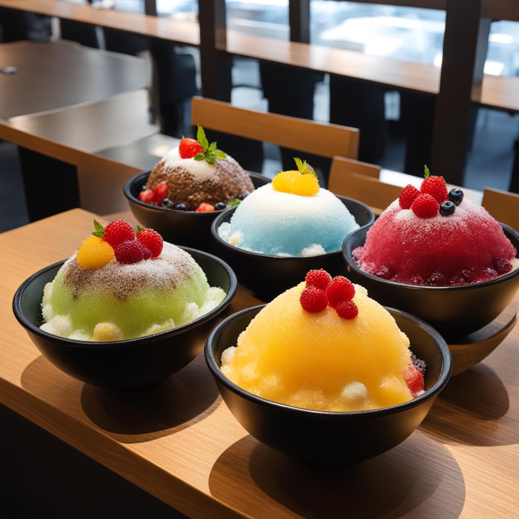 shaved ice (bingsu), flavored ice topped with various sweet toppings. 