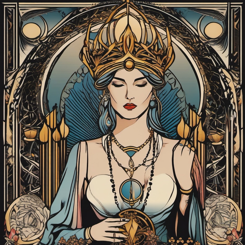 High Priestess Tattoo-Mystical and symbolic tattoo featuring the High Priestess tarot card, capturing themes of intuition and feminine energy.  simple color vector tattoo