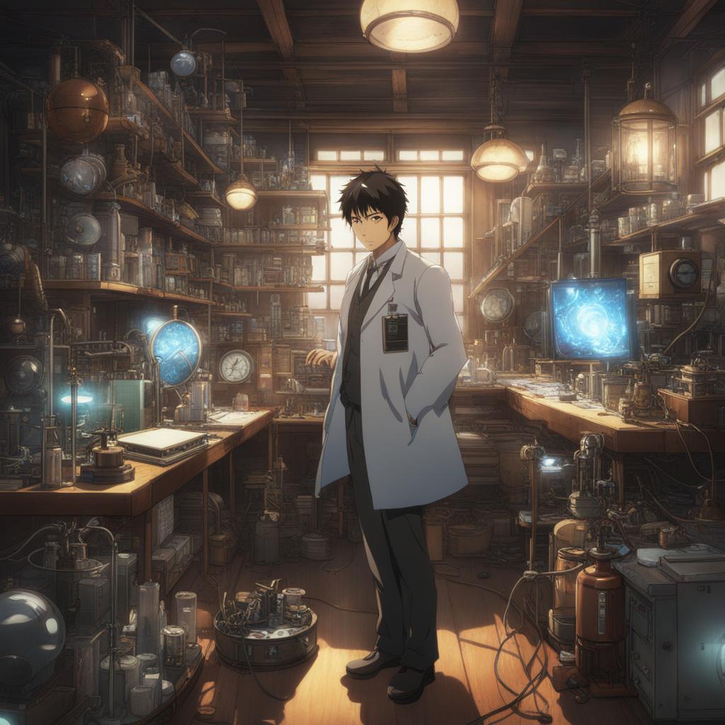 rintarou okabe experiments with time-travel gadgets in a cluttered laboratory. 