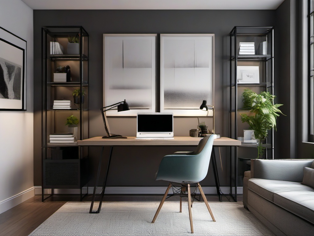 The home office exemplifies urban modern interior design, featuring a clean desk, ergonomic chair, and minimalist decor that promotes productivity in a stylish environment.  