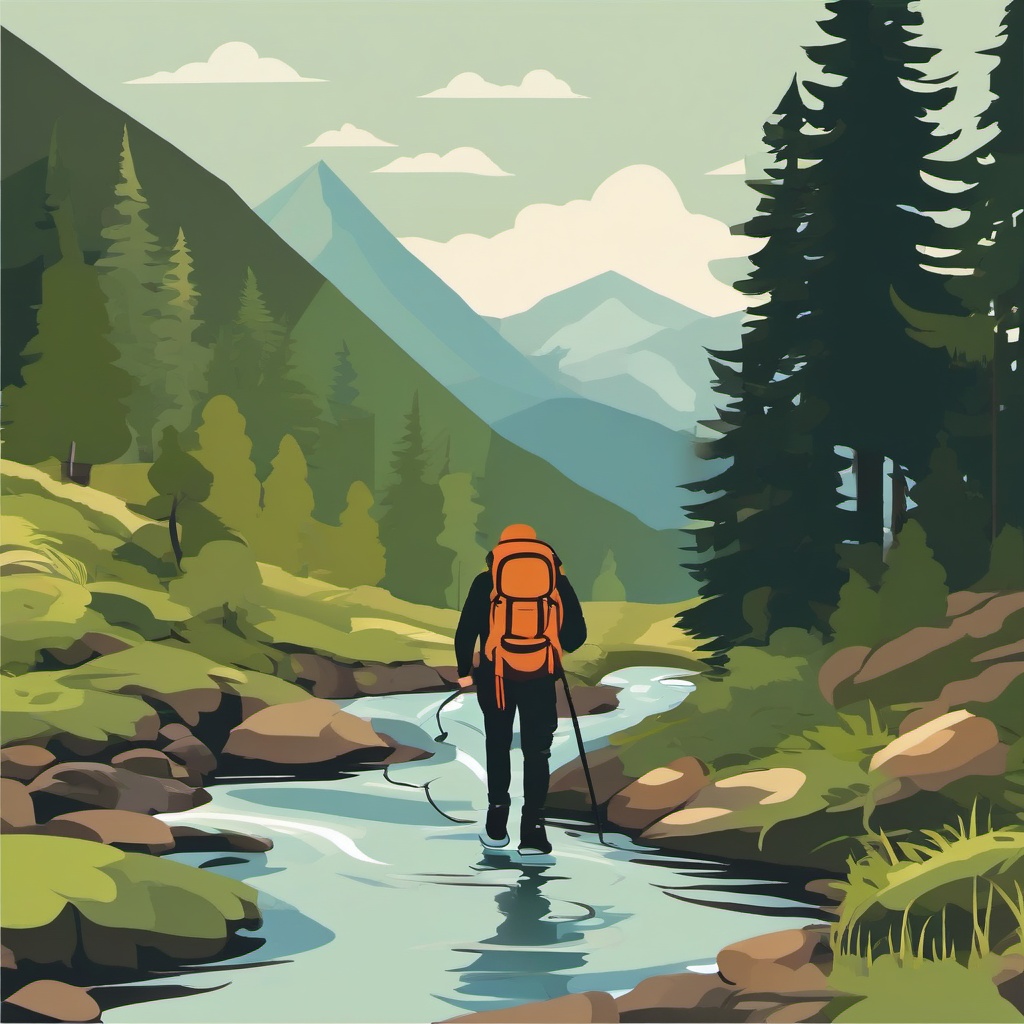 Backpacker Crossing a Stream Clipart - A backpacker crossing a stream.  color vector clipart, minimal style