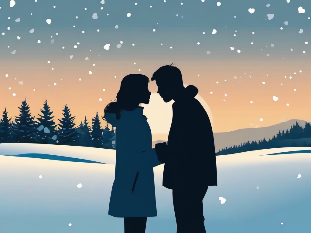 February clipart - couple kissing under a snowy sky  color,minimalist,vector clipart