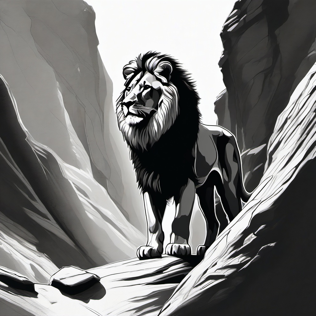 drawing of a lion in canyon  minimal rough sketch scribbles,doodles,black and white