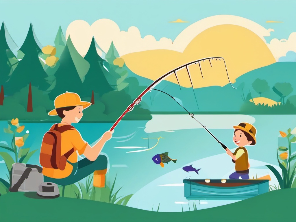 Kids' Fishing Day clipart - Excited kids learning to fish by the lake., ,vector color clipart,minimal