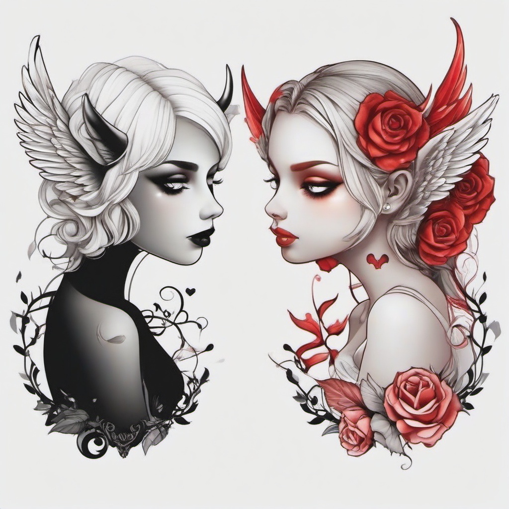 Cute Angel and Devil Tattoos-Adorable and playful tattoos featuring cute depictions of both angels and devils, capturing a sense of charm.  simple color tattoo,white background