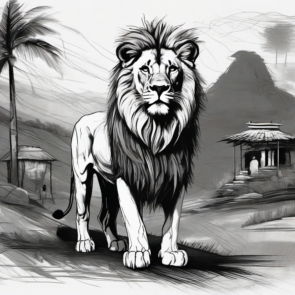 drawing of a lion in tribal village  minimal rough sketch scribbles,doodles,black and white