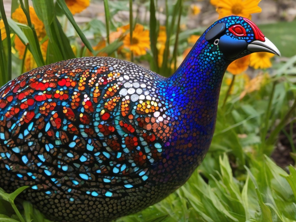 Stained Glass Guinea Hen - Speckled guinea hen foraging  