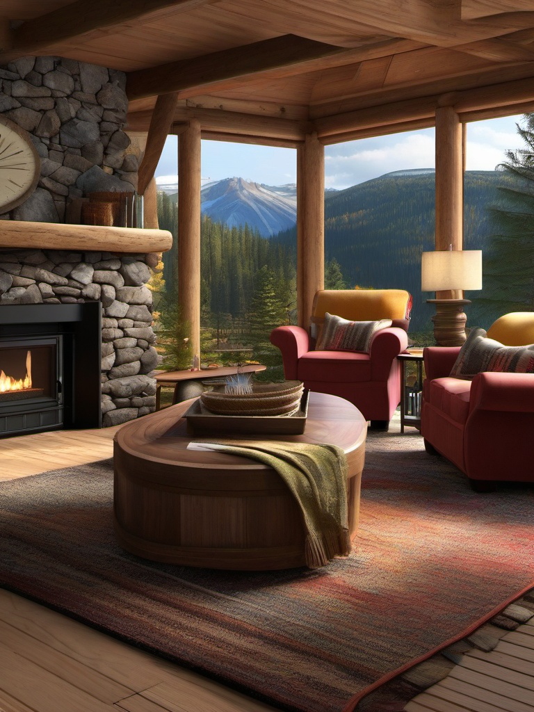 Scenic Mountain Cabin - Bring the cozy charm of a mountain cabin into your living room. , living room decor ideas, multicoloured, photo realistic, hyper detail, high resolution,