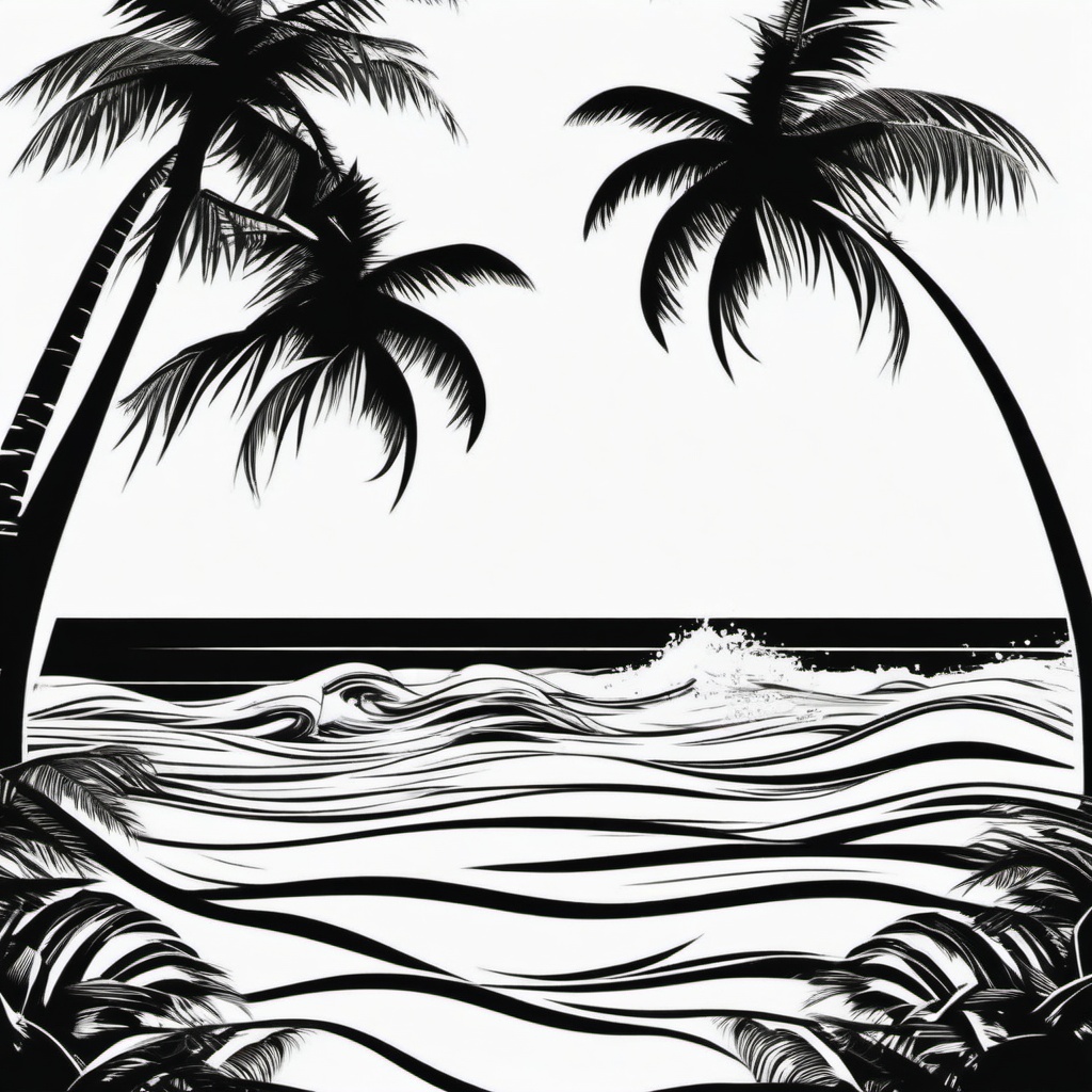 Coconut Tree and Waves Tattoo - Symbolize tropical paradise with a tattoo featuring coconut trees and waves.  simple vector color tattoo,minimal,white background