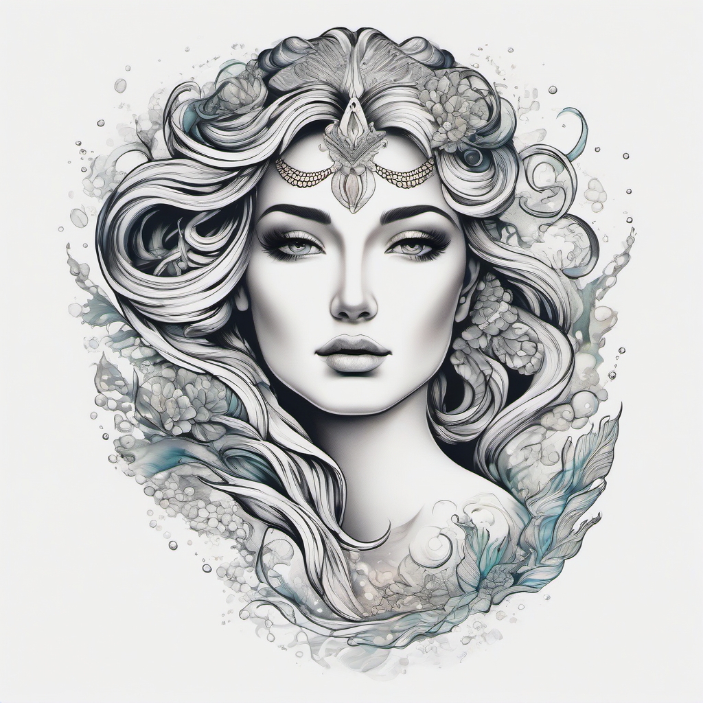 Sea foam Aphrodite tattoo. Oceanic goddess inked.  color tattoo minimalist white background