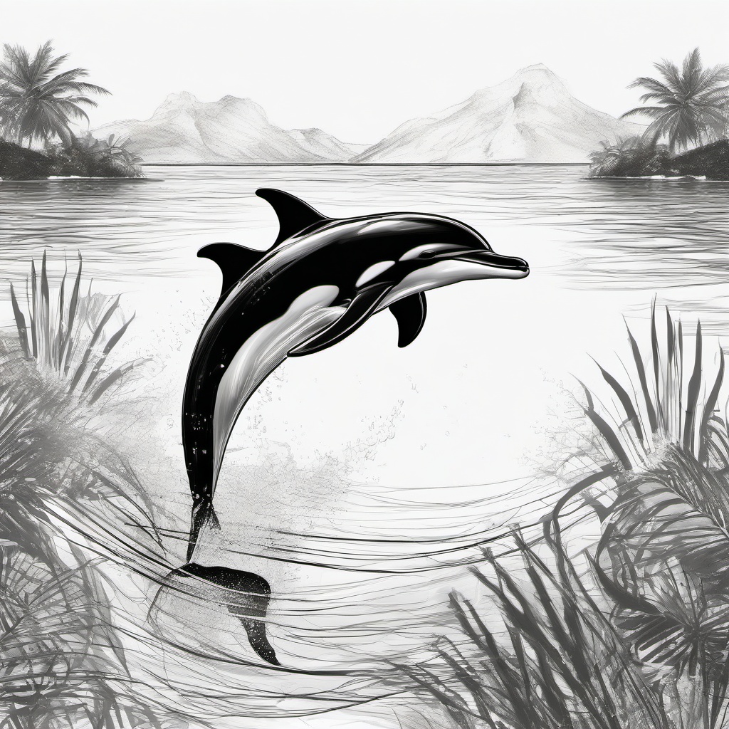 drawing of a dolphin in tropical waters  minimal rough sketch scribbles,doodles,black and white