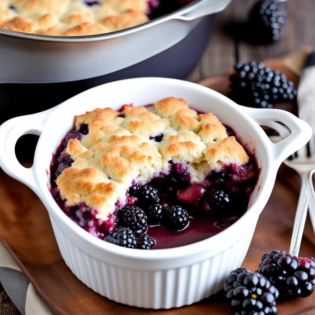 blackberry cobbler filled with juicy blackberries and a biscuit topping. 