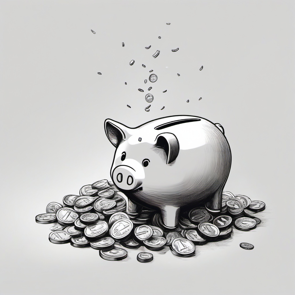 drawing of money falling into a piggy bank  minimal rough sketch scribbles,doodles,black and white