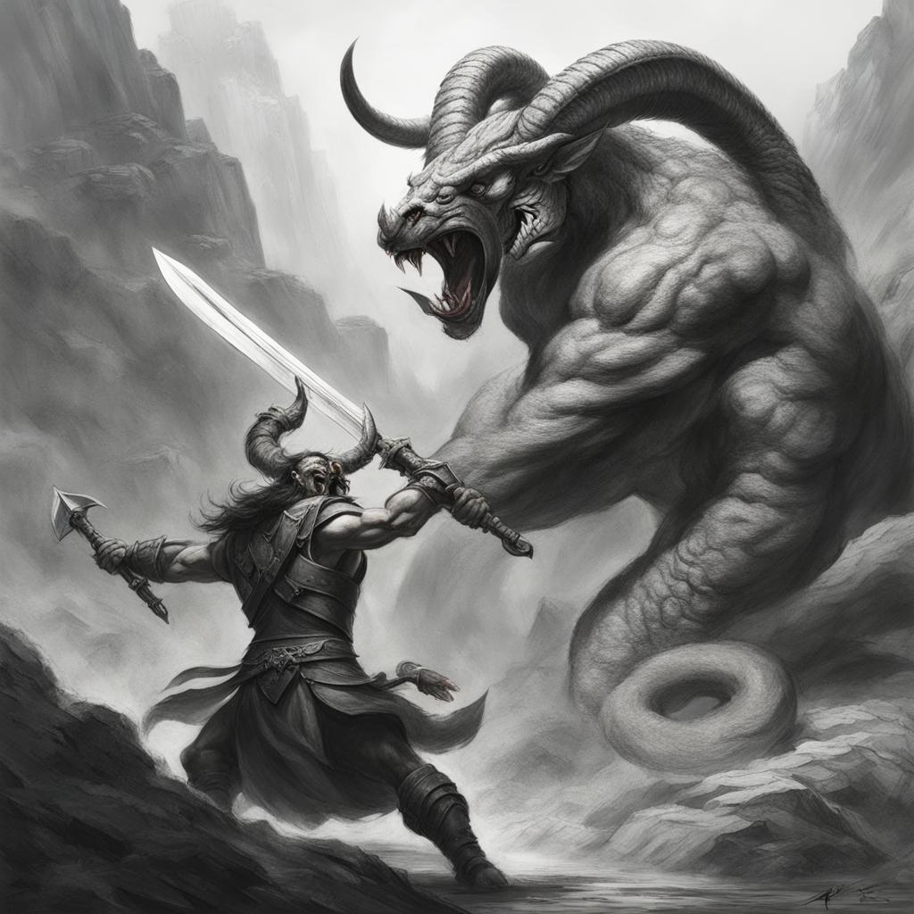 minotaur fighter battling a hydra - sketch a minotaur fighter locked in a fierce battle against a multi-headed hydra. 