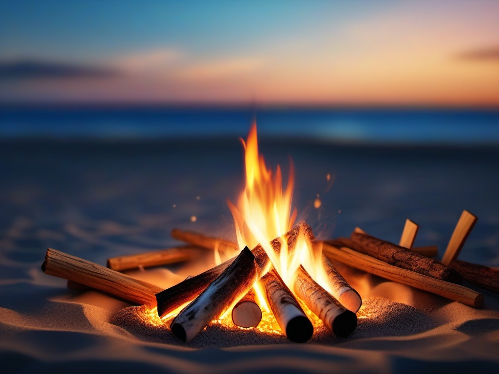 Beach bonfire and marshmallow roasting close shot perspective view, photo realistic background, hyper detail, high resolution