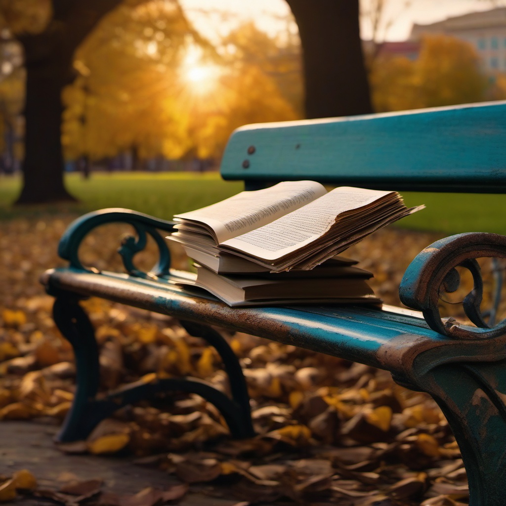 Tattered paperback novel on park bench in quiet corner of city park, pages well-worn and filled with stories and dreams of countless readers. hyperrealistic, intricately detailed, color depth,splash art, concept art, mid shot, sharp focus, dramatic, 2/3 face angle, side light, colorful background