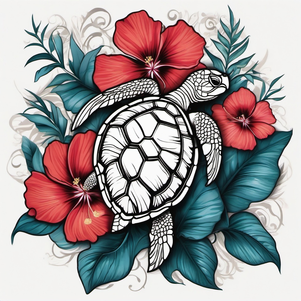 Hibiscus Turtle Tattoo - Celebrate the beauty of the sea with a hibiscus turtle tattoo, combining the allure of tropical blooms with the symbolism of sea turtles.  simple color tattoo, minimal, white background