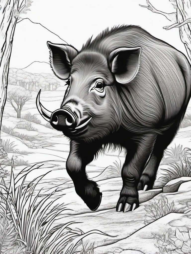 Warthog Coloring Page - Tusked Wild Pig  black outline printable coloring page