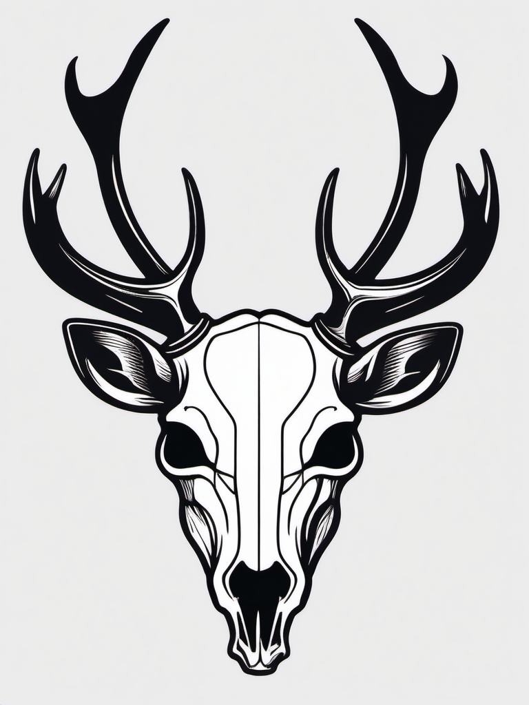 Simple deer skull with clean antlers, nature's graceful emblem.  black and white tattoo style