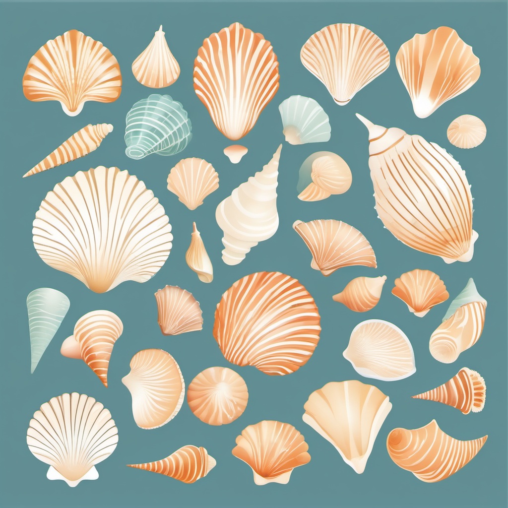 Seashell Clipart - A collection of delicate seashells from a tranquil beach, a mosaic of coastal treasures.  color clipart, minimalist, vector art, 