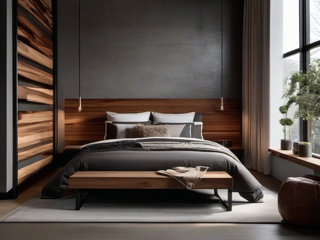 Urban chic bedroom with a combination of concrete and warm wood tones.  