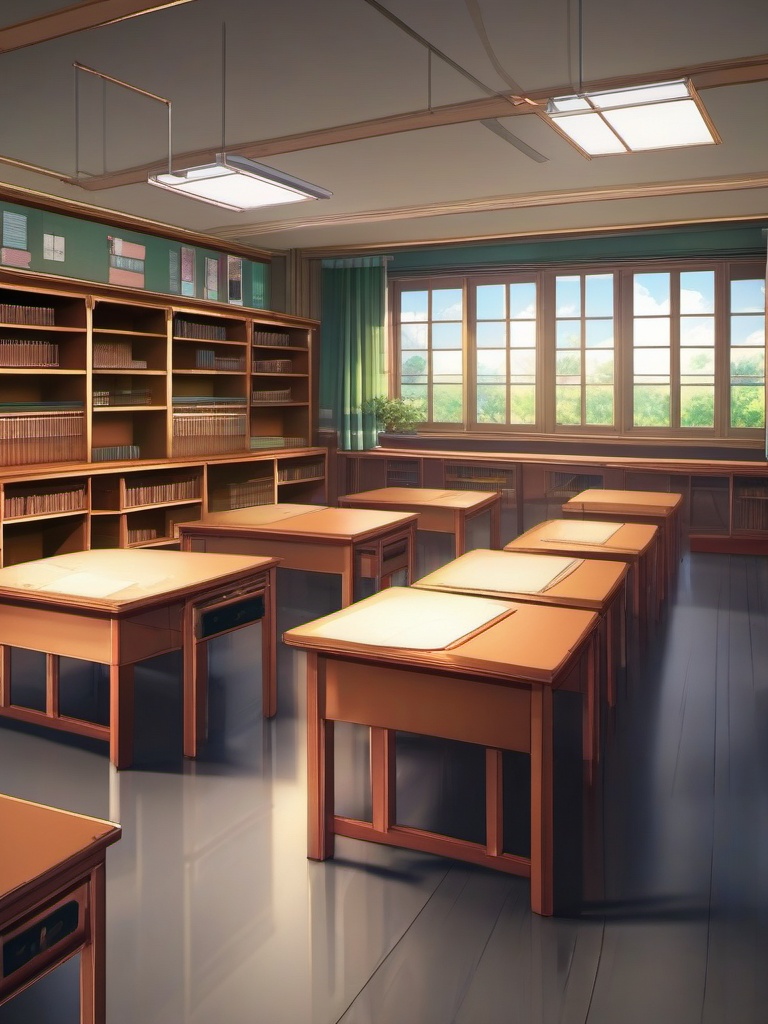 High School Classroom Anime Background intricate details, patterns, wallpaper photo