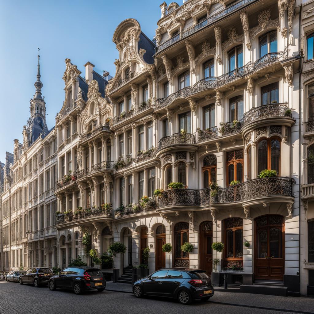 art nouveau townhouses, with intricate ironwork, line the charming streets of brussels, belgium. 