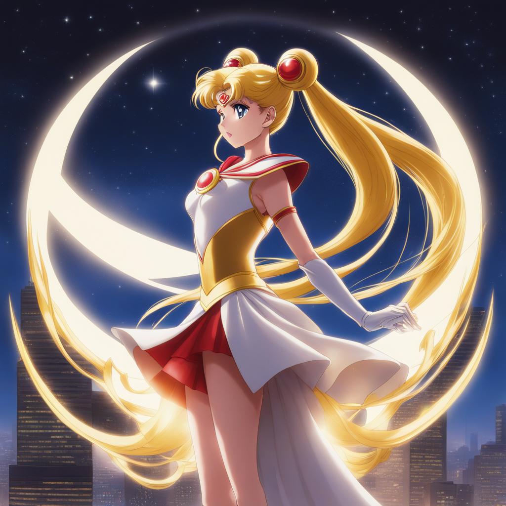 sailor moon transforms into her superheroic form beneath the glow of a crescent moon. 