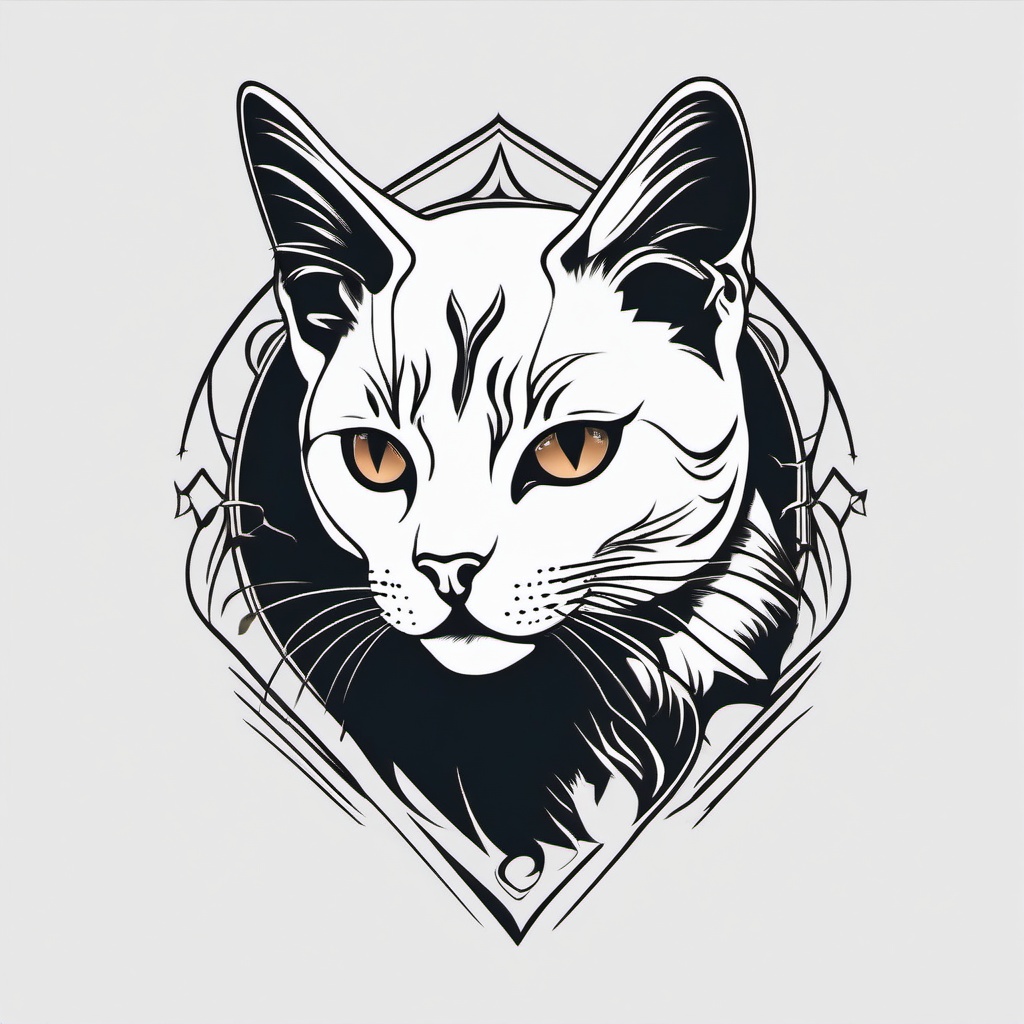 Cat Flash Tattoo - Flash art style tattoo featuring a cat design.  minimal color tattoo, white background