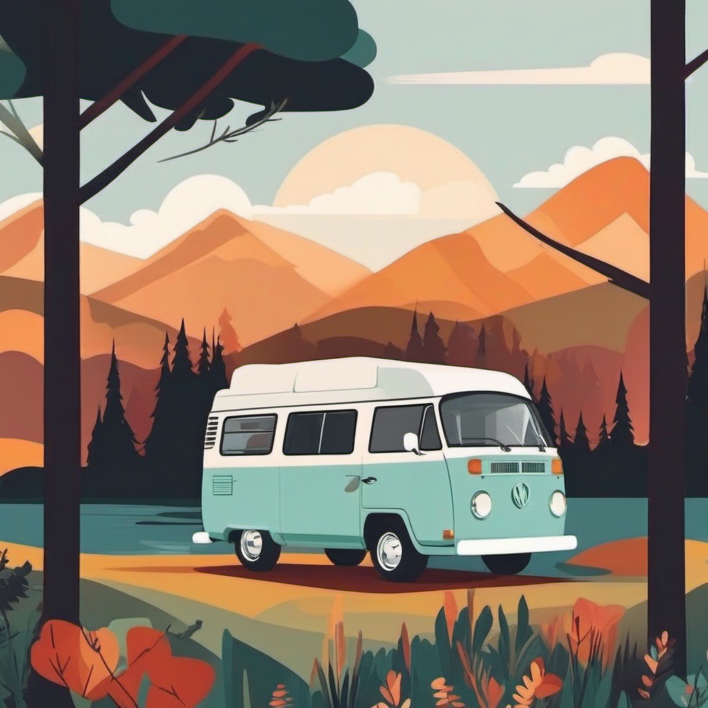 Camper Van Clipart - A cozy camper van in a scenic spot.  transport, color vector clipart, minimal style