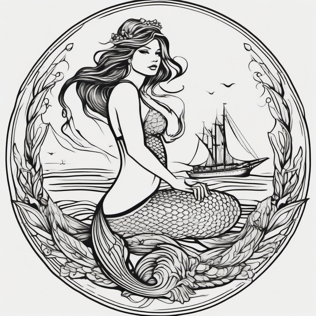 Mermaid Sailor Tattoo - Pay homage to maritime traditions with a captivating Sailor-themed mermaid tattoo.  simple vector color tattoo,minimal,white background