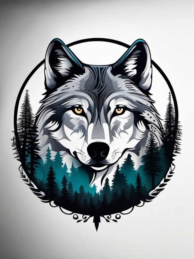 wolf tattoo with forest  simple color tattoo,white background