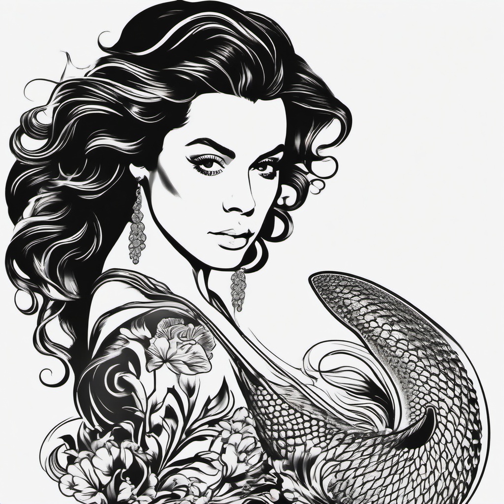 Harry Styles Tattoo Mermaid - Showcase the iconic mermaid tattoo associated with Harry Styles.  simple vector color tattoo,minimal,white background