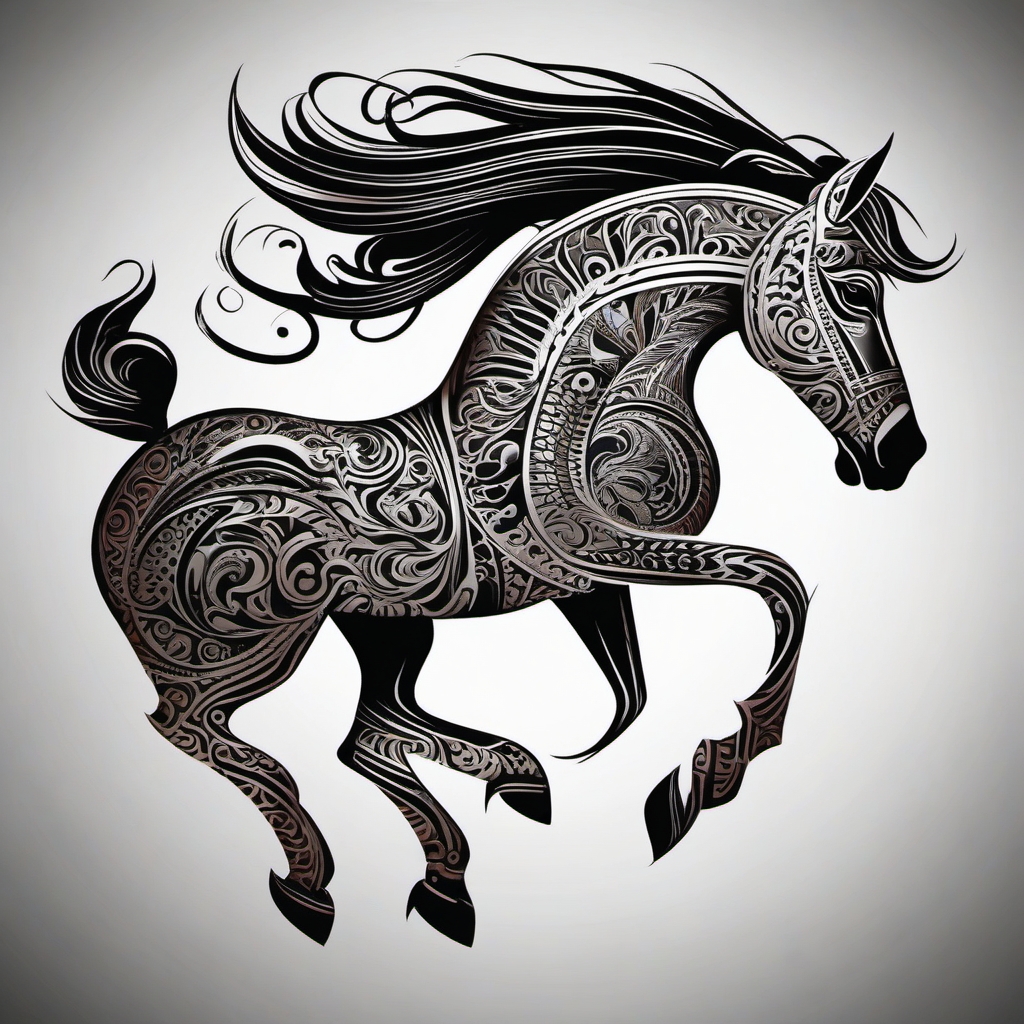 Dark Horse Tattoo-Tribal-style dark horse with intricate patterns, creating a bold and cultural design. Colored tattoo designs, minimalist, white background.  color tattoo style, minimalist, white background