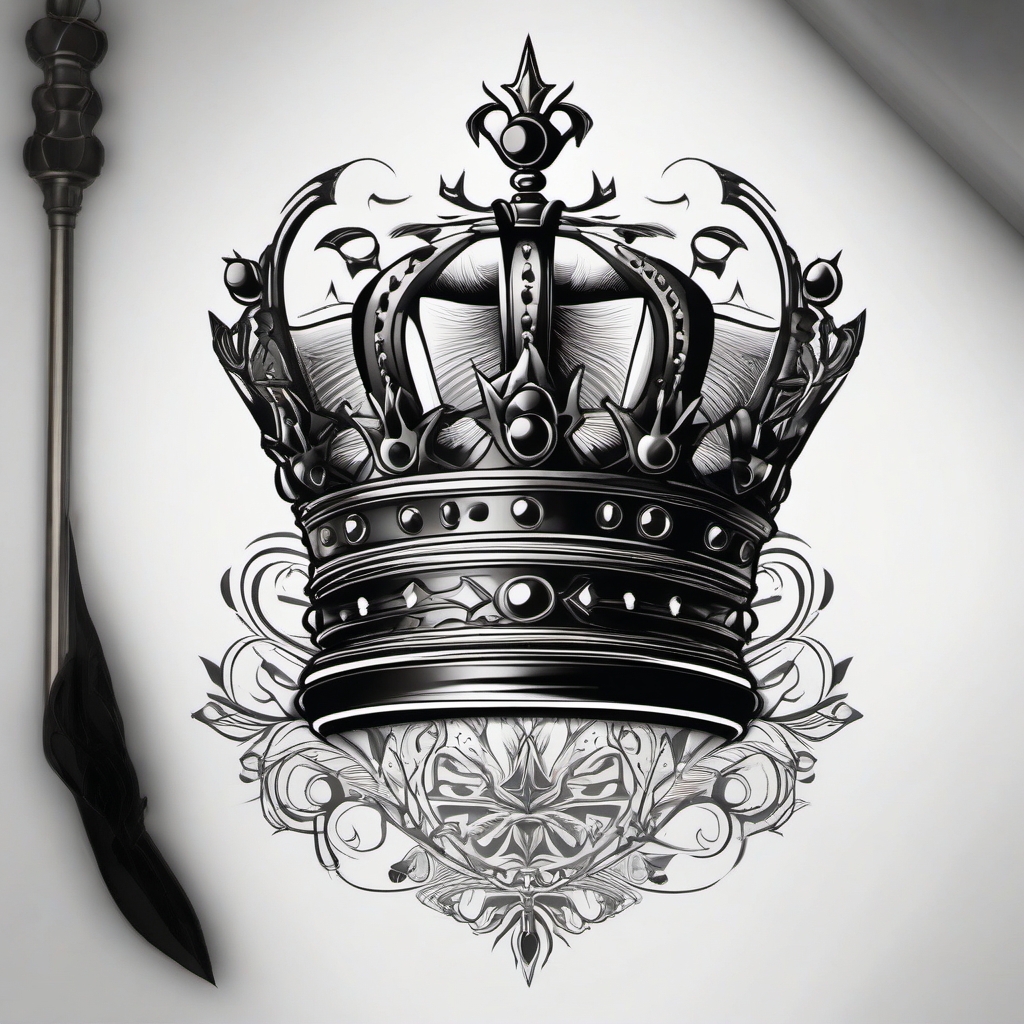 A cursed crown rules, leaving a regal mark in the tattoo.  black and white tattoo style