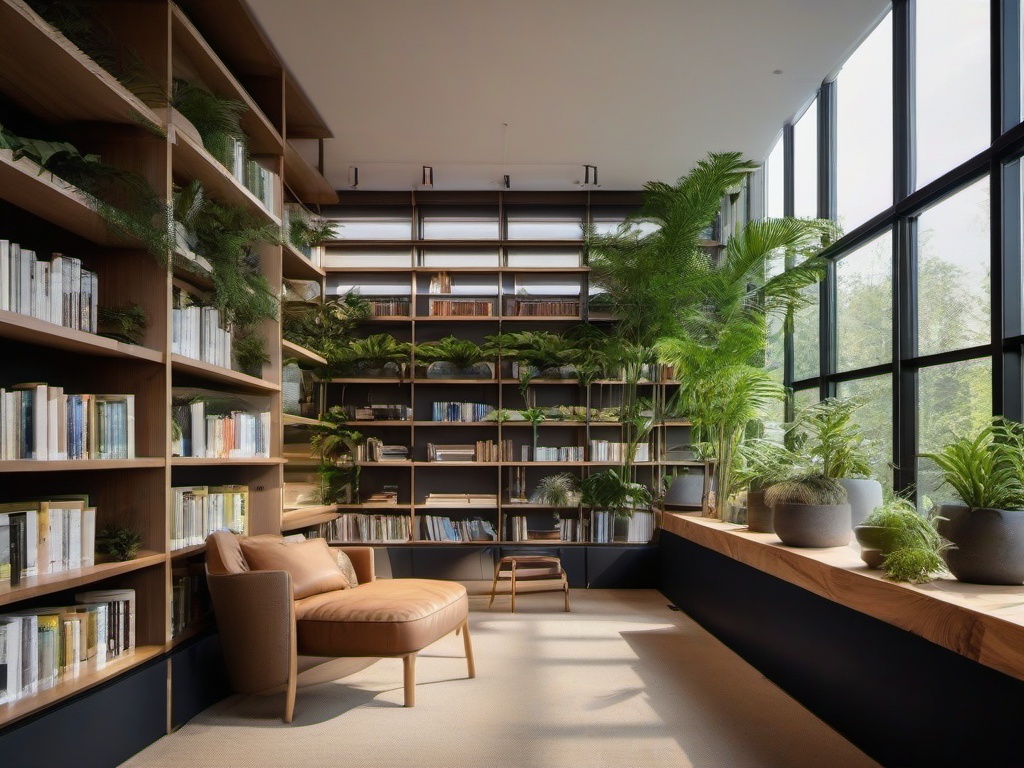 Biophilic interior design in the library room includes wooden shelves, natural light from large windows, and plants that create a calming atmosphere for reading and relaxation.  