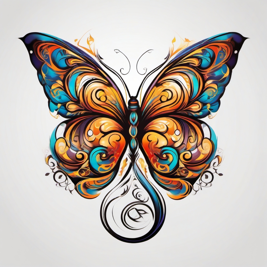 Energetic butterfly swirls tattoo. Spiraling essence of liberation.  color tattoo, white background