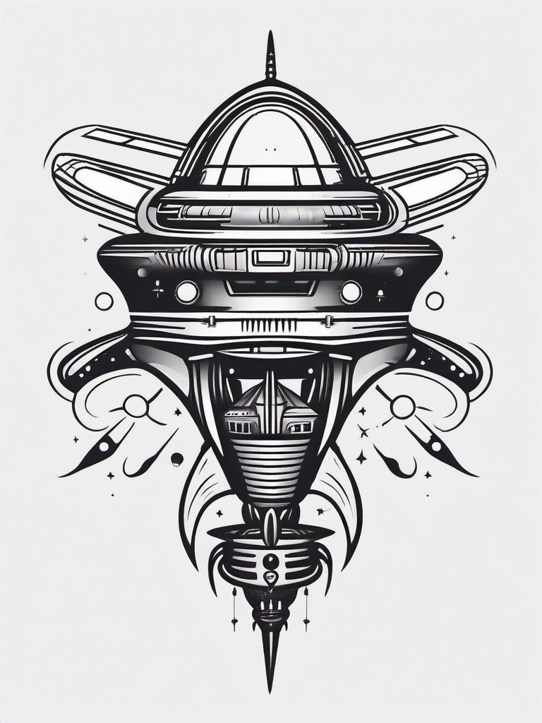 Spaceship Alien Tattoo - Symbolize cosmic travel with a spaceship and alien-themed tattoo.  simple color tattoo,vector style,white background