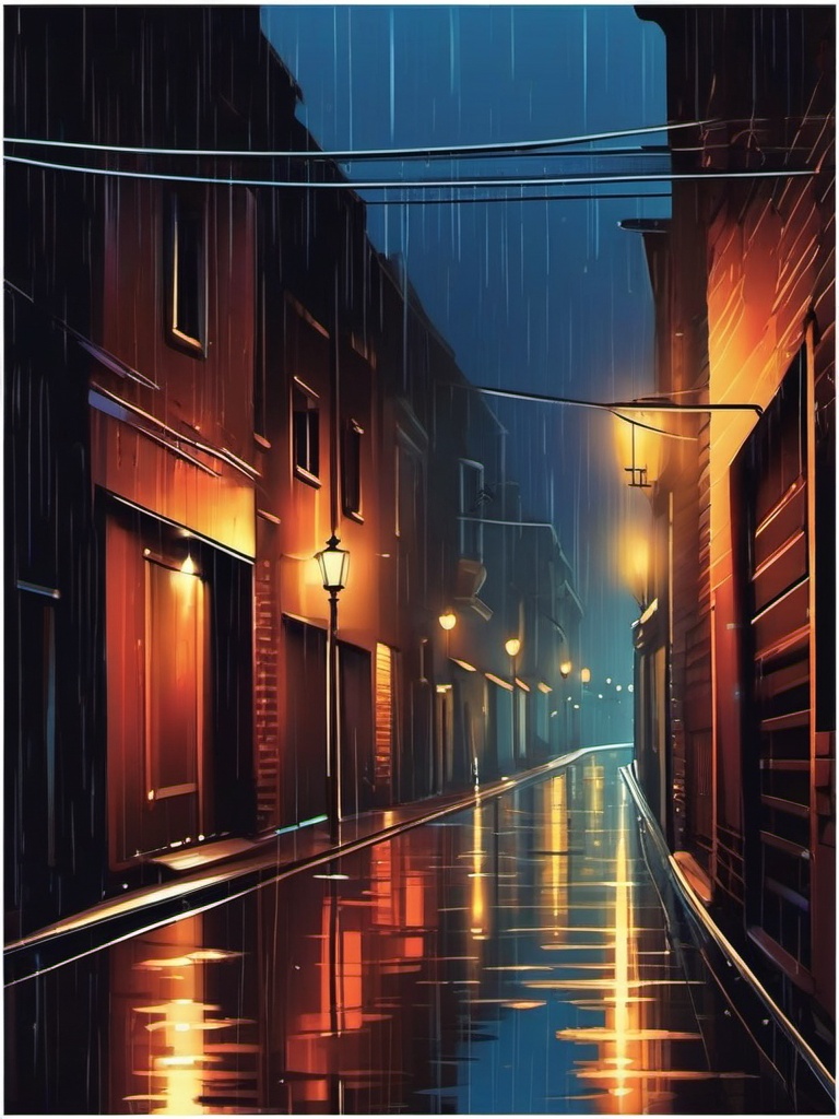 Rainy alley at night sticker- Urban solitude, , sticker vector art, minimalist design