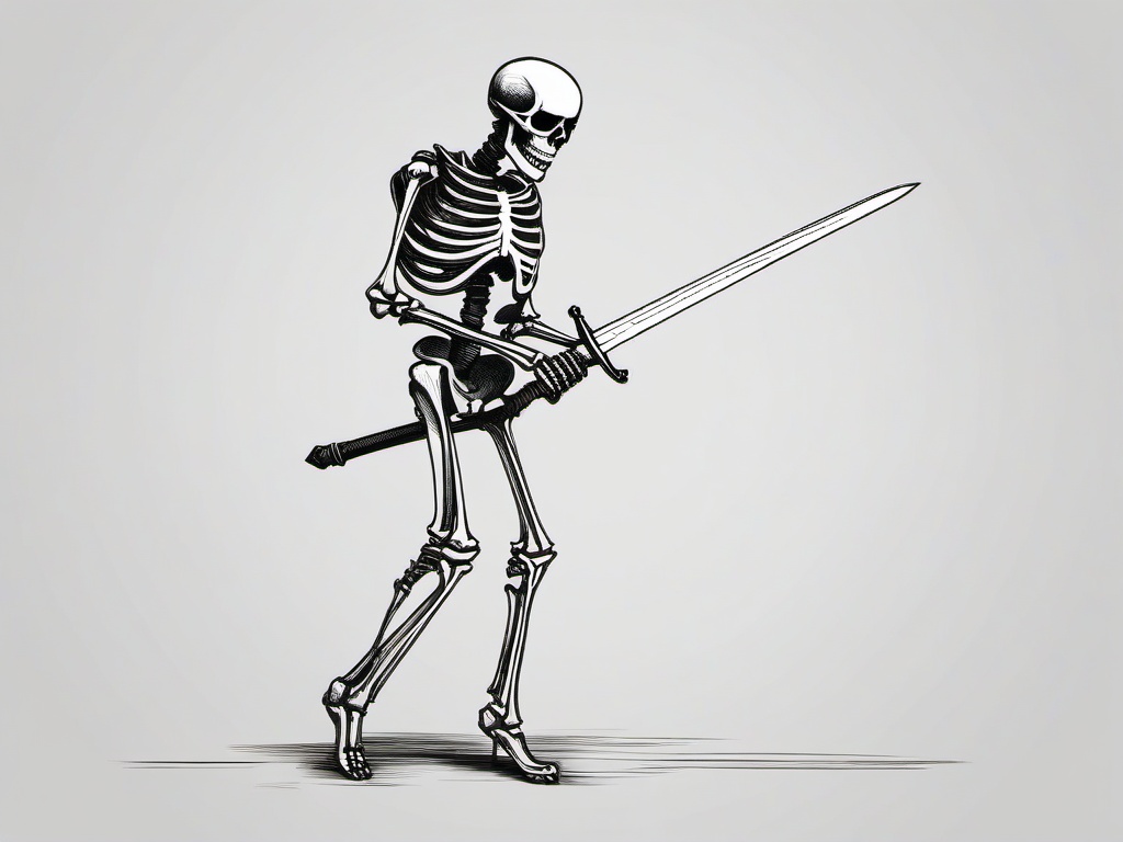 drawing of a skeleton with a sword  minimal rough sketch scribbles,doodles,black and white