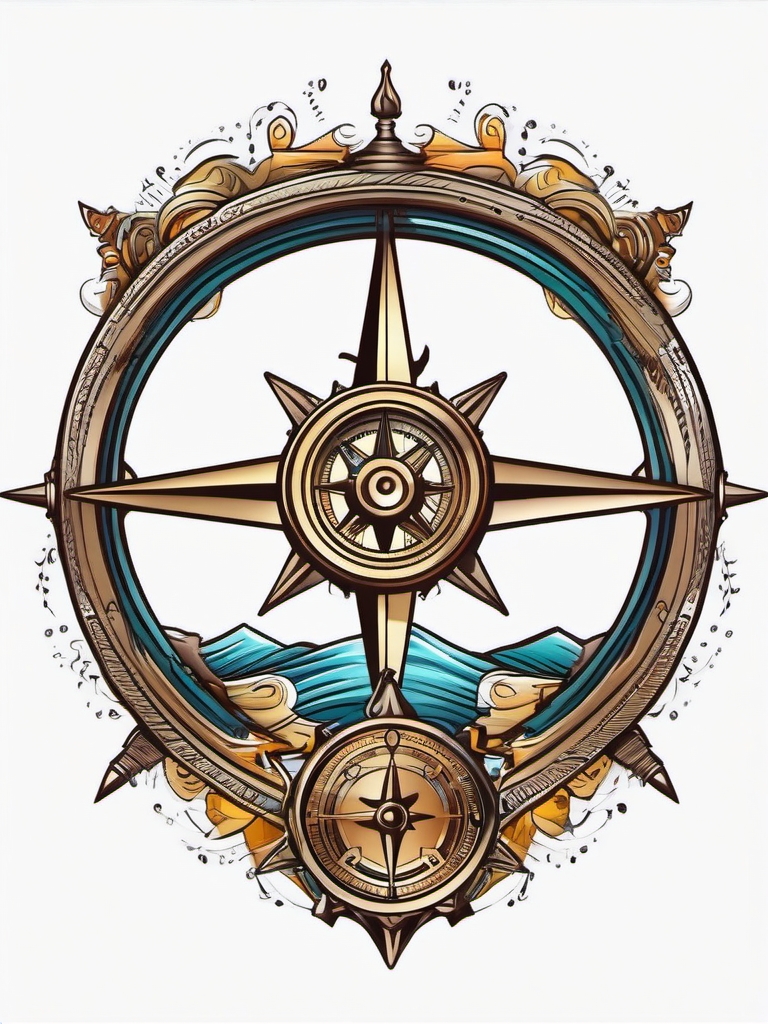 Car steering wheel and compass design. Navigating the journey.  color tattoo design, white background