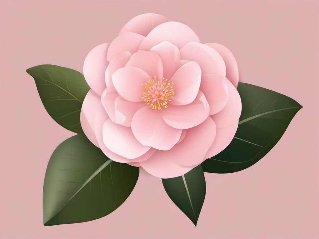 Camellia Clip Art - A soft pink camellia with glossy leaves,  color vector clipart, minimal style