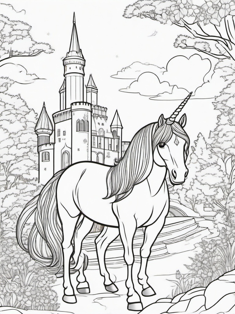 Unicorn Coloring Pages - Unicorn with a castle in the background  simple coloring pages