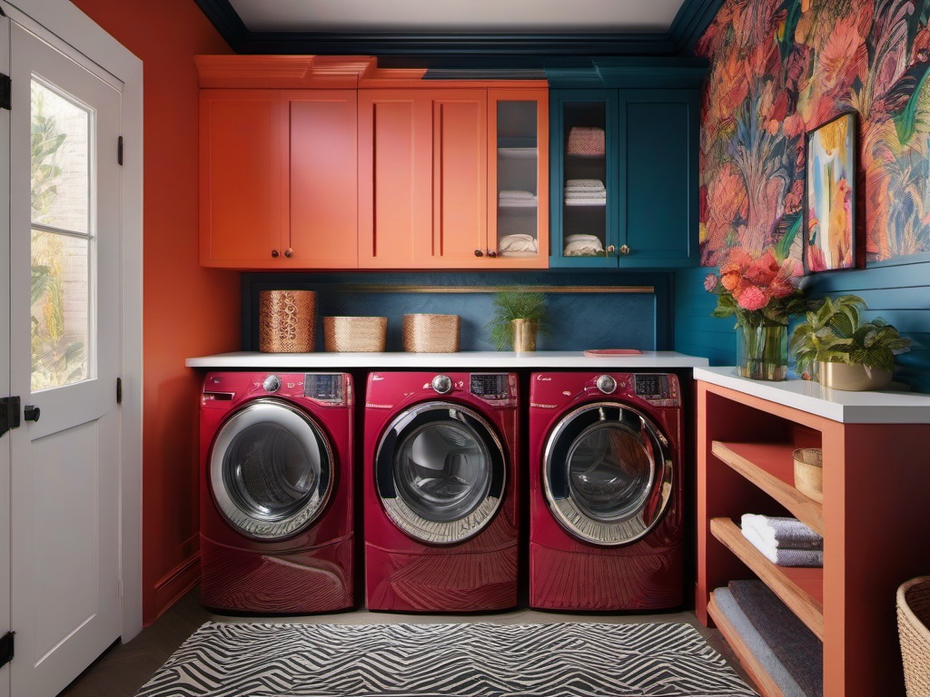 Maximalist laundry room showcases bold colors, intricate patterns, and eclectic decor, making it a lively and dynamic environment for laundry tasks.  