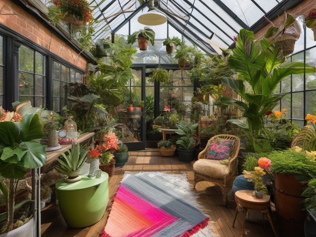 The greenhouse showcases maximalist interior design with an array of colorful plants, bold decor, and engaging accessories that create an inspiring environment for gardening and plant care.  