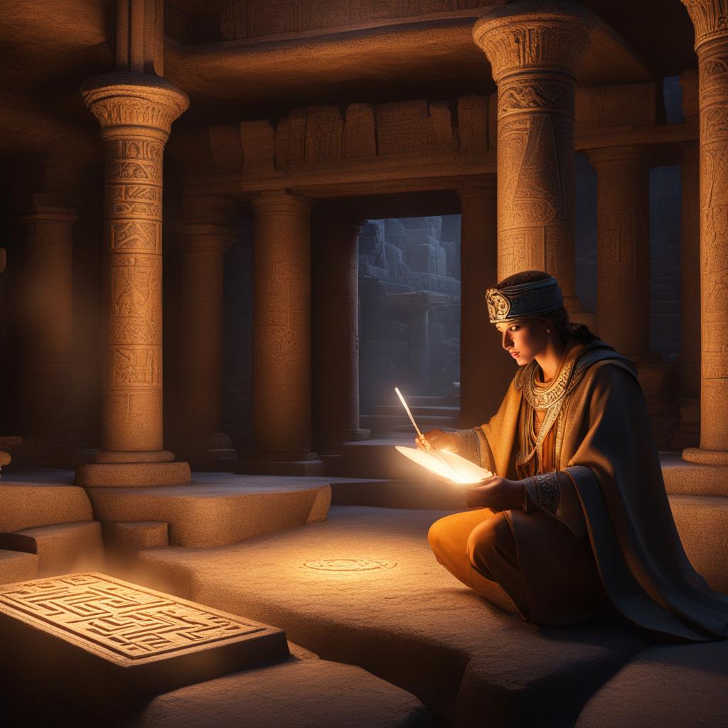 time-traveling explorer deciphering cryptic runes in an ancient temple ruin. 