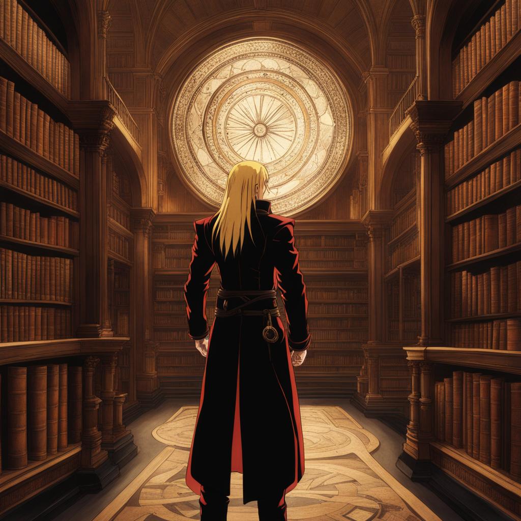 edward elric transmutes elements with intricate alchemical circles in an ancient library. 