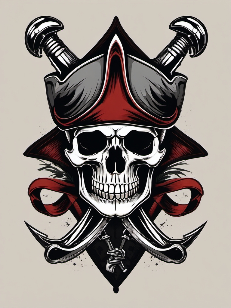 Skull with crossed cutlasses tattoo. Pirate's mark in ink.  minimal color tattoo design