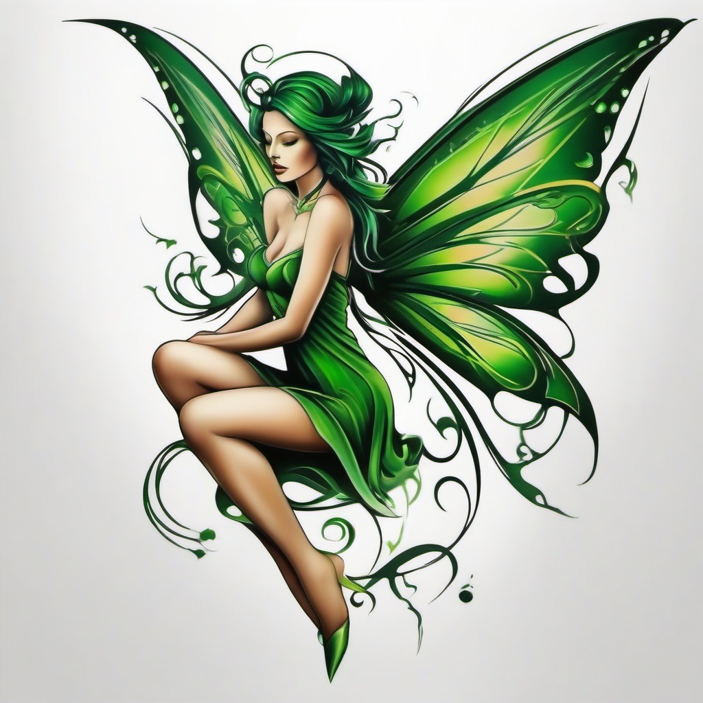 green fairy tattoo  simple color tattoo,white background