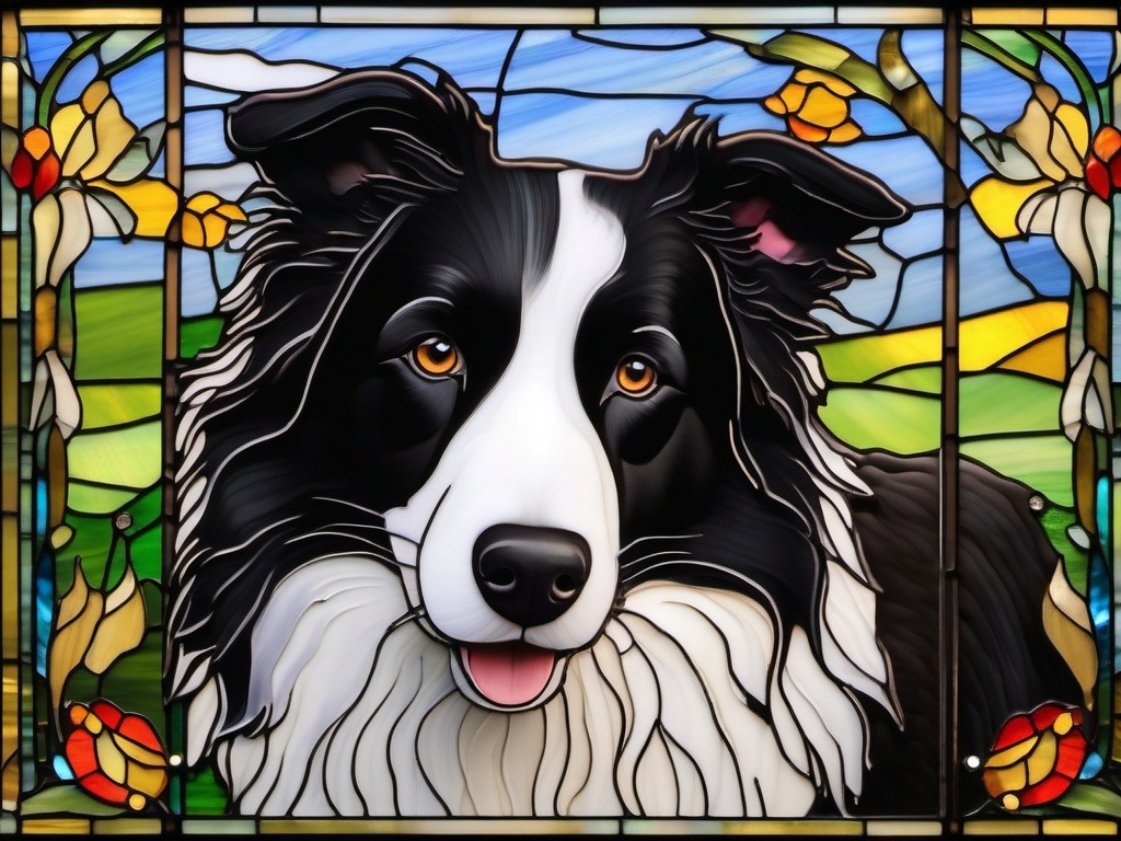 Stained Glass Border Collie - Border collie herding sheep  